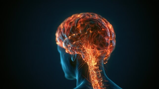 International Dysautonomia Awareness Month: 3D CGI medical render, translucent glowing human brain and spinal cord with visible electrical nerve signals pulsing toward the heart