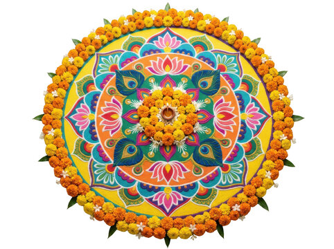Circular floral rangoli mandala with marigold flowers and diya isolated on transparent background