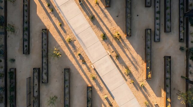 Top-down aerial view of a modern park pathway with long geometric shadows during sunset