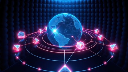 Obraz premium Glowing Earth surrounded by pink polygonal rings, connected via lines. Dark textured background enhances futuristic feel.