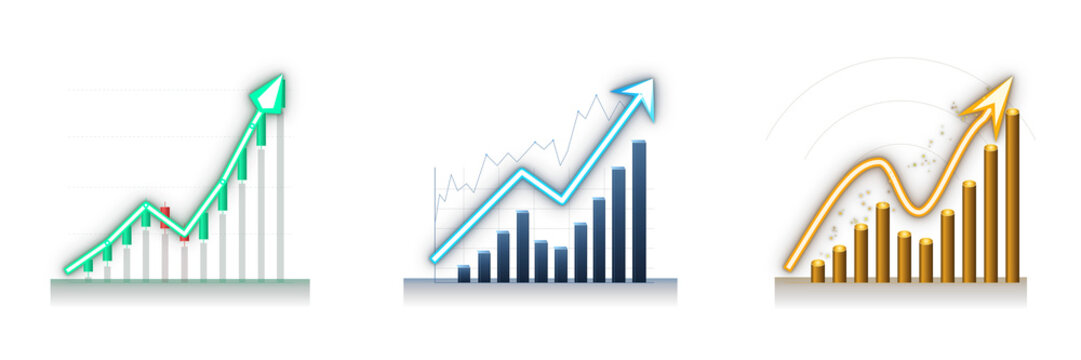 Set of three colorful business bar charts with upward trending arrows isolated on transparent background