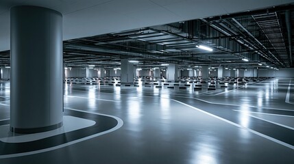 Obraz premium Modern Underground Parking Garage with Rows of Empty Car Spaces and Reflective Floor