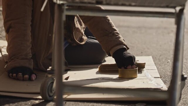 Homeless adult receiving coin into tin can from passerby while sitting outdoors. Perfect for charity campaigns, poverty awareness documentaries and social welfare projects
