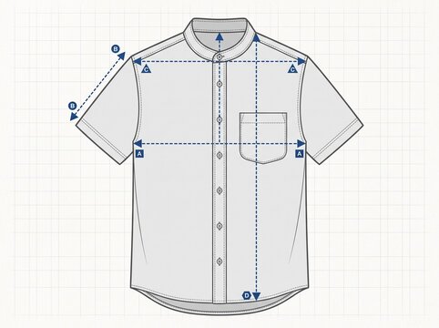 Technical flat sketch of a short sleeve button down shirt with measurements