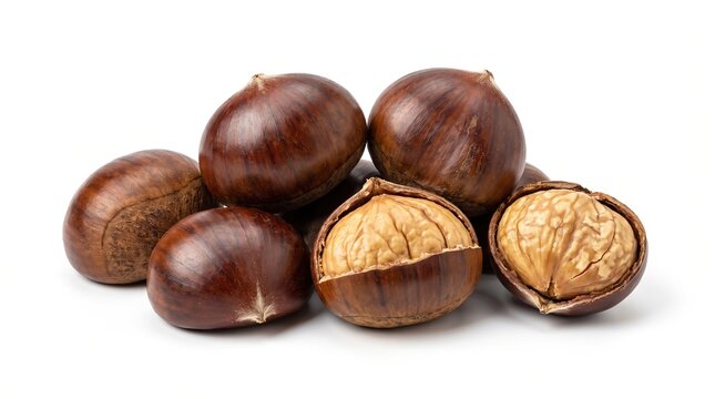 Fresh Chestnuts with Open Shells Isolated on White Background