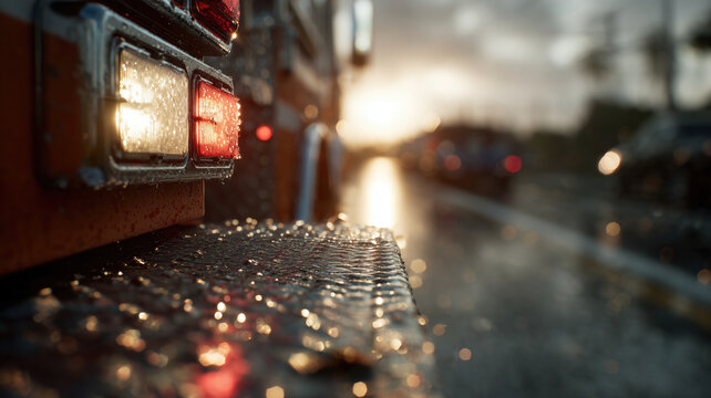 Fire truck detail on wet road, highlighting readiness for action