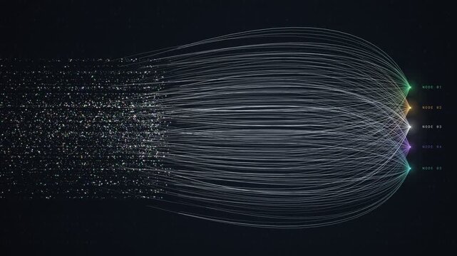 Animated data flow fan with five destination nodes drawing curved lines from scattered pixels, big data technology, data science and AI ingestion loop