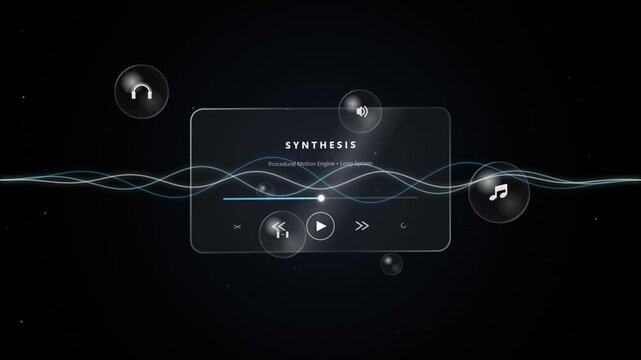 Abstract glowing particles moving through translucent glass rectangles against a dark background