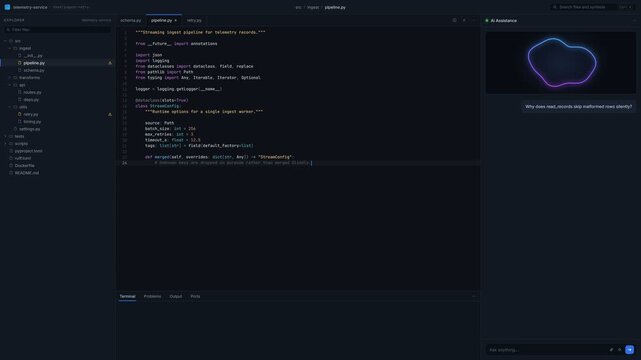 Animated AI coding assistant in dark code editor with Python file, chat panel answering questions and terminal warnings, software development workflow