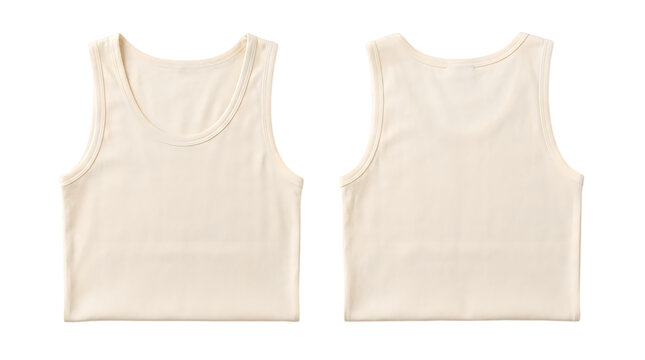 Beige crop tank top mockup, front and back view of cotton sleeveless undershirt, blank apparel template for fashion design isolated PNG with Transparent Background