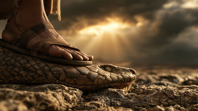 Genesis 3:15 biblical prophecy concept, foot in leather sandal stepping on snake head with dramatic sunlight breaking through storm clouds