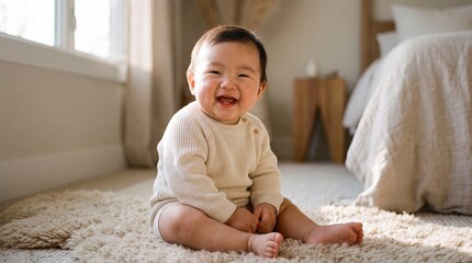 Fototapeta premium Happy Asian Baby Boy Laughing While Sitting on a Rug at Home