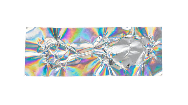 Holographic foil sticker with crumpled texture, iridescent metallic adhesive tape strip, shiny rainbow chrome decal for graphic design isolated PNG with Transparent Background