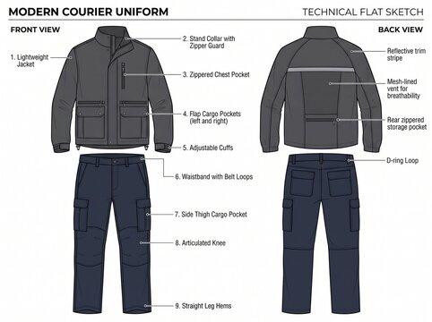 Technical flat sketch of a modern courier uniform with front and back views