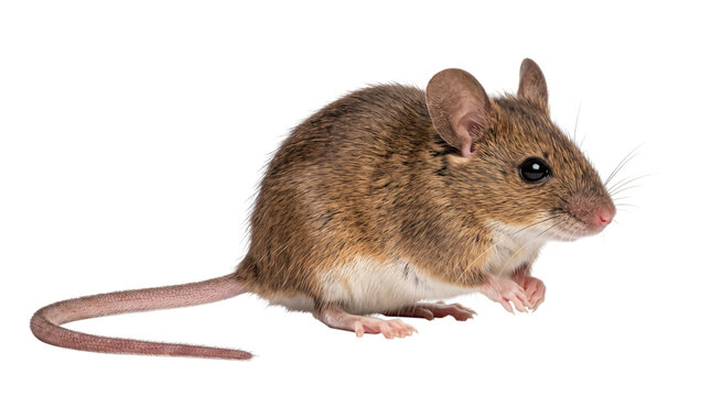 Side profile of a small brown mouse with long tail on white solated on transparent background