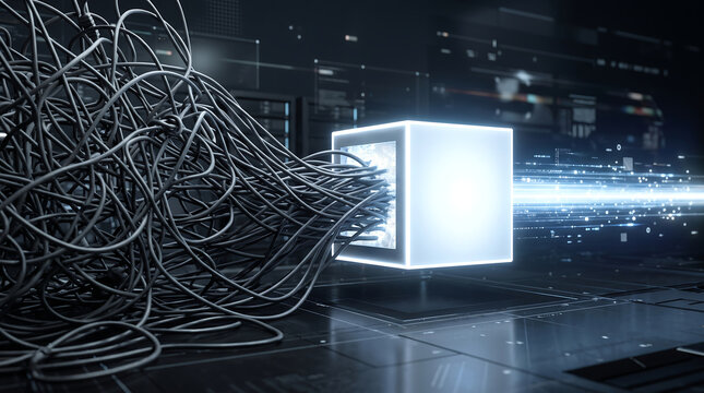 Abstract Concept of Data Processing with Messy Cables Converting Into a Stream of Glowing Digital Light Information