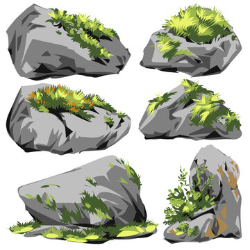 diverse collection of vector illustrations featuring various grey rock formations decorated with moss, wildflowers, creeping plants, and grassy bases. This comprehensive set is ideal for level designe