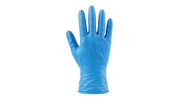Single blue disposable nitrile glove on white background, solated on transparent background