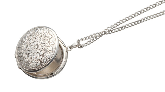 Vintage silver locket necklace with floral engraving, antique round pendant on chain, classic keepsake jewelry isolated PNG with Transparent Background