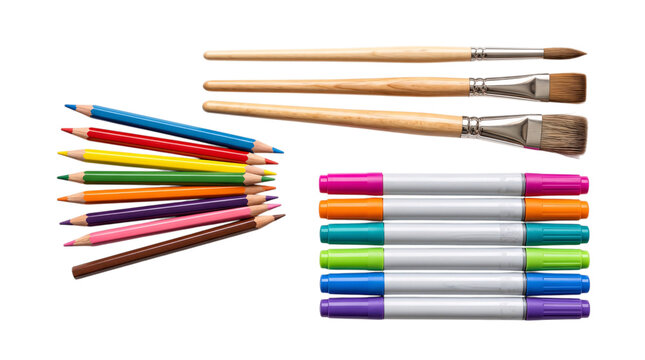 Supplies: colored pencils, paint brushes, and markers on solated on transparent background