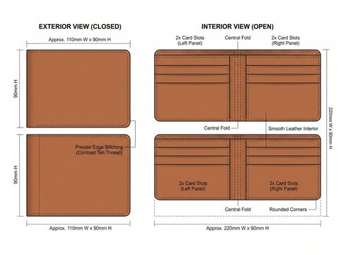 Technical drawing of a minimalist bifold leather wallet with dimensions