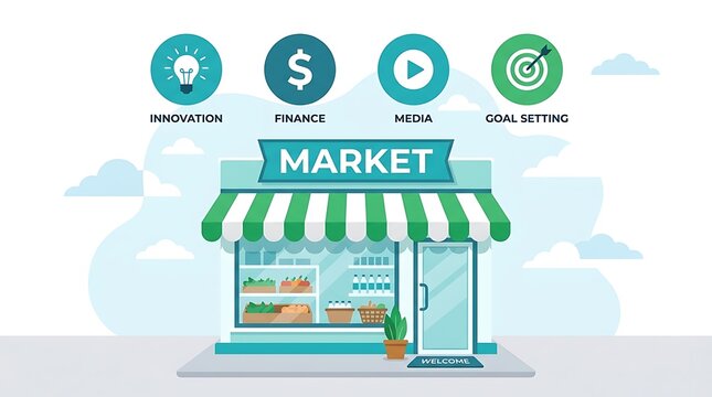 Flat vector illustration of a small market storefront with business strategy icons and copy space