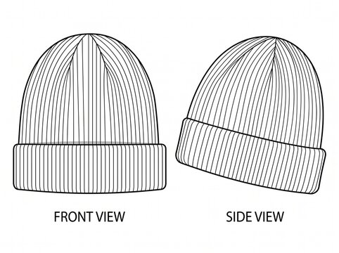 Technical fashion sketch of a ribbed knit beanie in front and side views