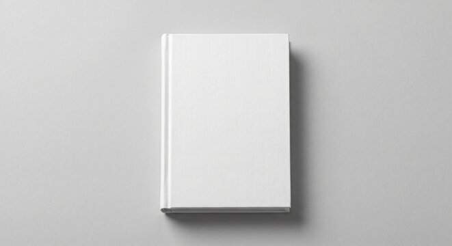 Minimalist top view of a closed blank white hardcover book mockup lying flat on a clean gray background with soft shadows.