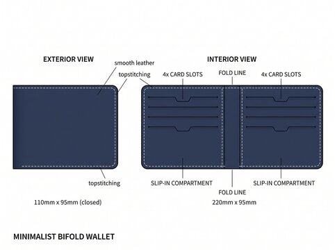 Technical drawing of a minimalist bifold leather wallet with dimensions