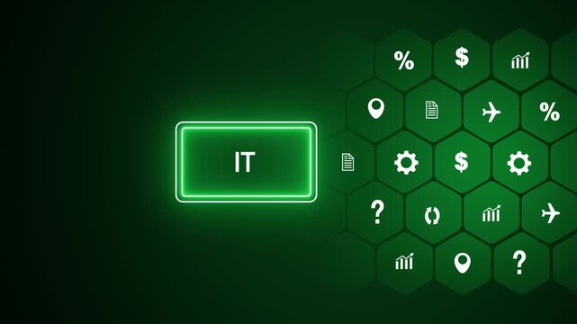Vibrant green neon rectangle displaying the text IT prominently, situated on the left side of a dark green background adorned with a honeycomb pattern of white symbolizing technology, finance, and