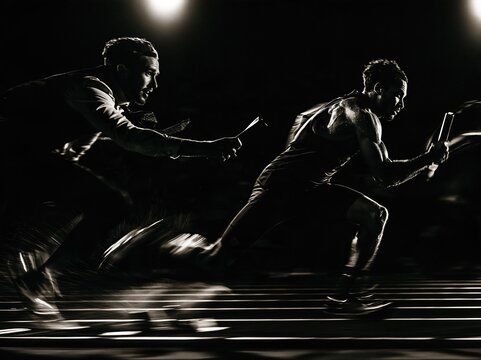 Athletic runners in a dramatic black and white relay race, capturing motion and speed on track
