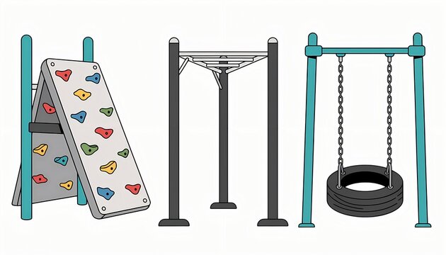 Playground equipment vector illustration set featuring a colorful climbing wall with various holds, classic monkey bars, and a fun tire swing, all isolated on a clean white background.