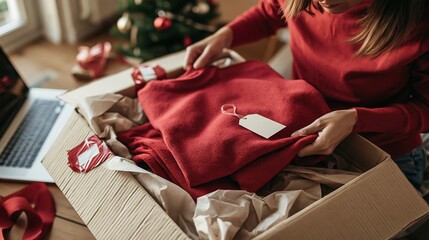 Obraz premium Woman Unboxing Red Christmas Sweater Gift from Online Shopping Box with Festive Decorations
