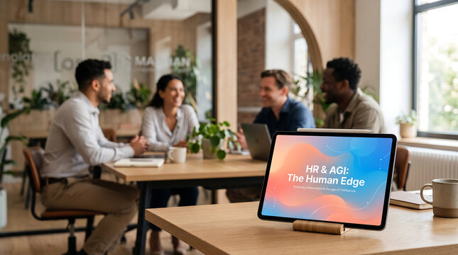 Tablet displaying HR and AGI human edge presentation in a collaborative modern office team meeting environment