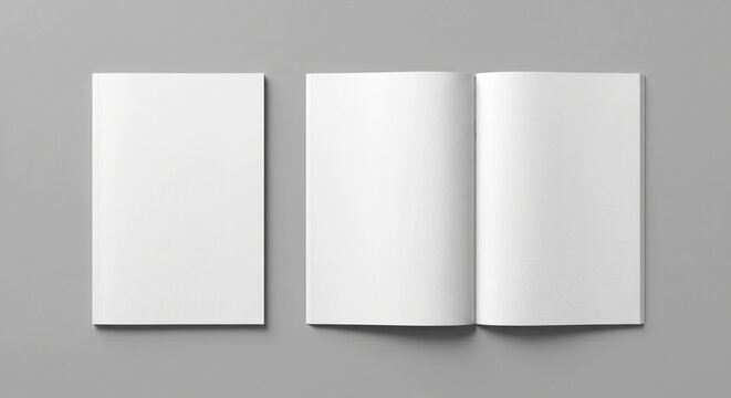 Top-down photorealistic mockup of two blank white booklets on gray background.