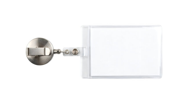 Blank ID card holder with retractable metal reel, plastic badge sleeve with blank white card insert, corporate security identification mockup isolated PNG with Transparent Background