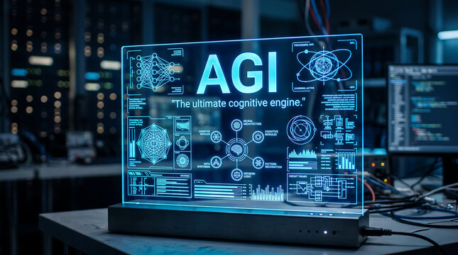 Futuristic Artificial General Intelligence Concept Displaying Neural Network Architectures on Glowing Edge Lit Board