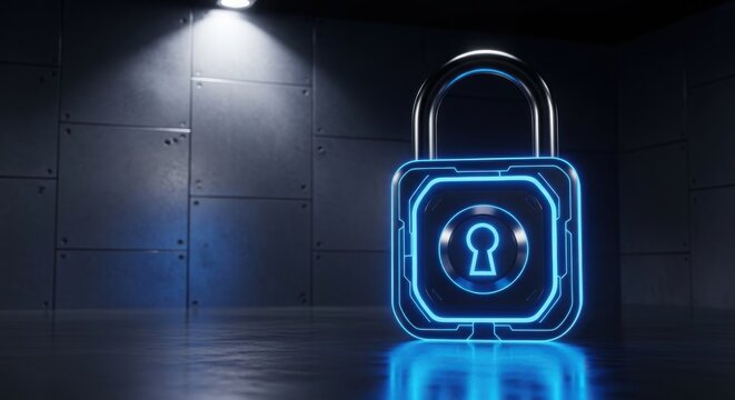 Futuristic padlock on blue glowing base illustration
