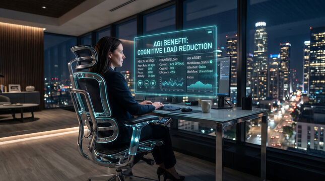 Corporate Executive Using Advanced AGI Interface for Cognitive Load Reduction and Workplace Productivity Analytics
