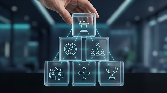 Business professional hand placing translucent glass cube with strategic planning icons into pyramid structure representing corporate leadership and success vision concept
