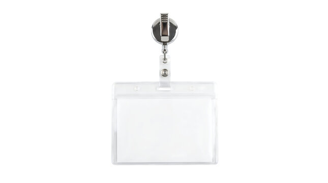 Blank plastic badge holder with retractable reel clip, empty horizontal ID card sleeve, corporate security pass mockup isolated PNG with Transparent Background