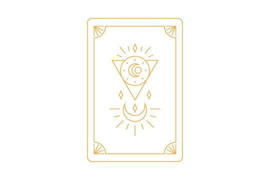 An elegant gold line-art tarot card design featuring geometric art deco borders, a central triangle with a moon dial, and celestial sunburst accents