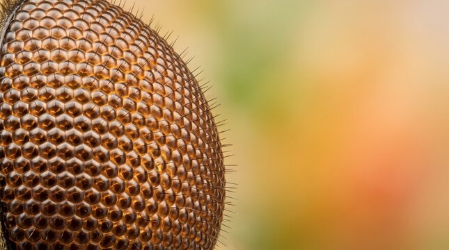 Macro photography of insect compound eye, detailed hexagonal ommatidia texture, extreme close up of fly eye with golden brown pattern