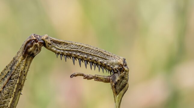 Detailed Macro Shot Of A Praying Mantis Foreleg With Spines Against A Soft Green Background