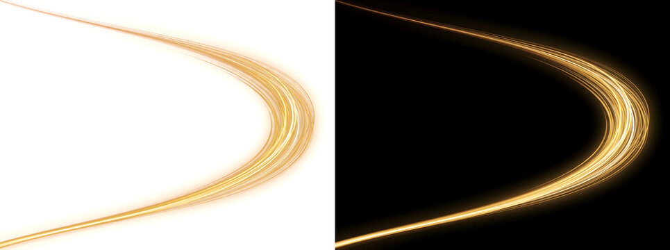 Golden Curve looping into a sharp glowing U shaped bend of light used as PNG, Transparent and Black Background Versions for design