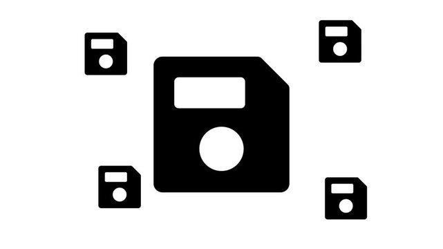 Zoom in and out animation the floppy disk symbol. Large black symbol in the center and four small symbols around. Seamless looped 4k animation on white background