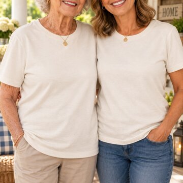 White t-shirts mockup with two women, Halloween background. Blank regular fit tshirt mockup for matching designs. Middle-aged mother and adult daughter standing together. Autumn holidays, Thanksgiving