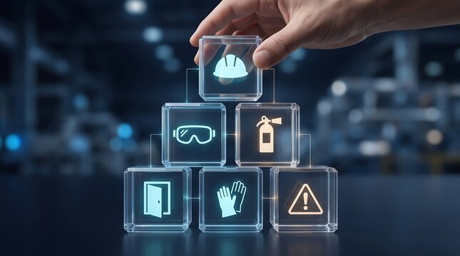 Hand building a pyramid of glass blocks with industrial safety icons representing workplace hazard management and operational risk prevention strategies for manufacturing