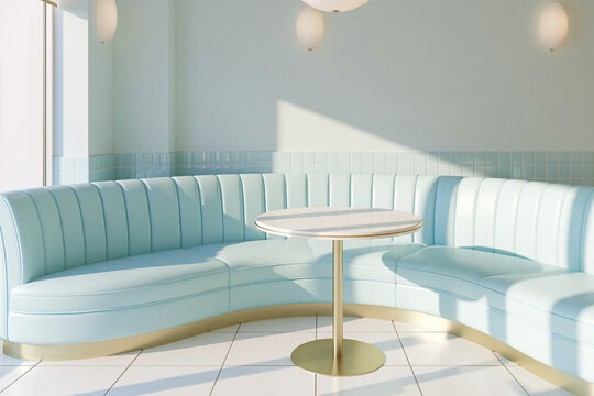 Fairy Korean dessert cafe background with pastel seating and sunlight