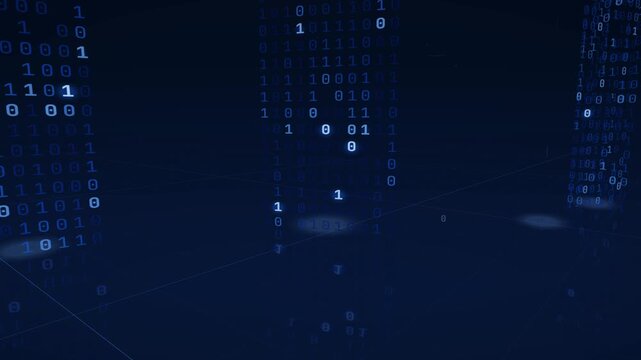 Animated binary code towers rising from grid floor in blue perspective space, big data, digital architecture and computing technology background loop